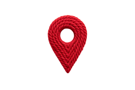 Red knitted rope-textured location pin marker with circular opening at top, isolated on a transparent background