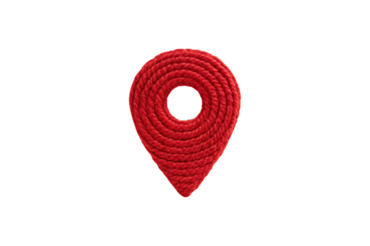 Red knitted location pin with hollow center and traditional GPS marker teardrop design, isolated on a transparent background - Powered by Adobe