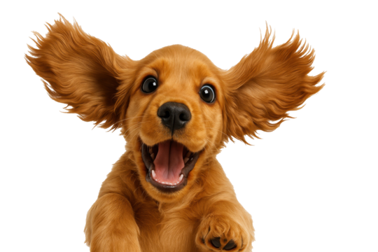 the image showcases a light brown canine with an enthusiastic expression, set against a plain backdrop