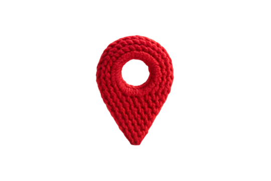 Red knitted rope-textured location pin marker with circular opening, slightly different angle view, isolated on a transparent background - Powered by Adobe
