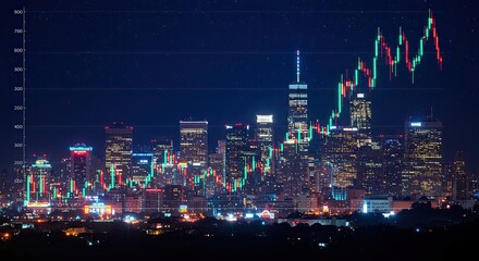 Financial growth chart over a city skyline at night showing market trends