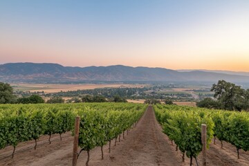 Fototapeta premium Vineyard Landscape at Dawn: A tranquil vineyard stretches toward the horizon under a soft, early morning sky. The rows of grape vines lead the eye to rolling hills. 