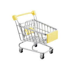 Yellow cart toy is like a shopping cart in a supermarket. Symbols buy, sell, shopping or material for creativity ideas. Isolated, Isolated on white background in full depth of field with transparent.