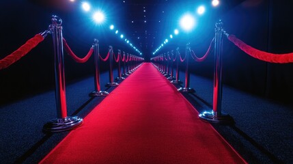 Perspective view down a red carpet flanked by barrier ropes and bright event lighting