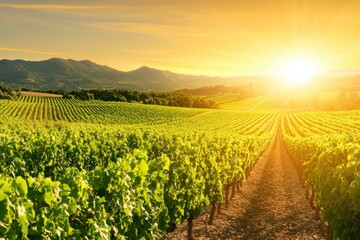 Fototapeta premium Vineyard Bliss at Sunset: A breathtaking view of rows of grapevines bathed in the golden light of sunset, creating a scenic spectacle of agriculture and natural beauty. 