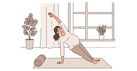 Pregnant woman doing side plank yoga pose on a mat indoors with plants and window exercise