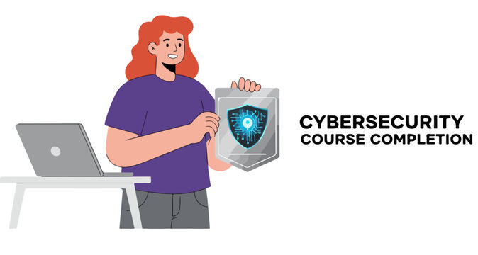 Woman holding cybersecurity course completion certificate next to laptop on white background