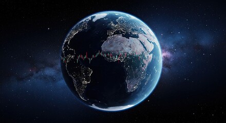 Obraz premium Earth night lights view with financial chart overlay over the globe image