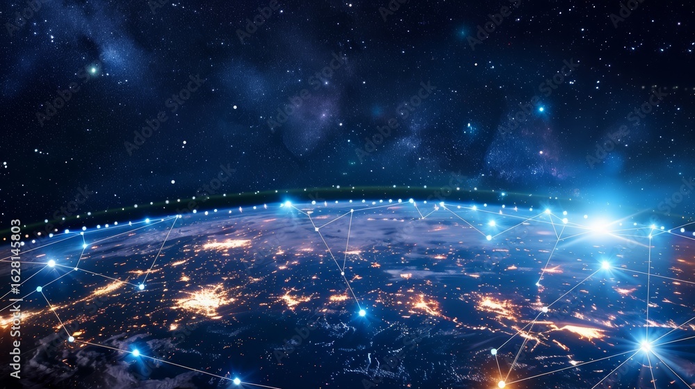 Fototapete planet with a network of lines connecting it to other planets. connections system and global datas e