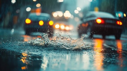 Rainy day traffic with a car splashing water from a puddle, windshield wipers in action and rain falling hard
