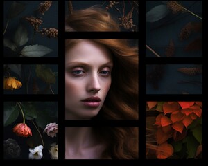 Palette di colori autunnali: ritratto femminile e dettagli botanici