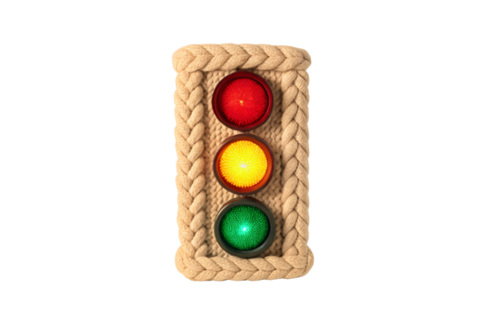 Rope-wrapped traffic light with braided edges and three colored illuminated signal lenses, isolated on a transparent background