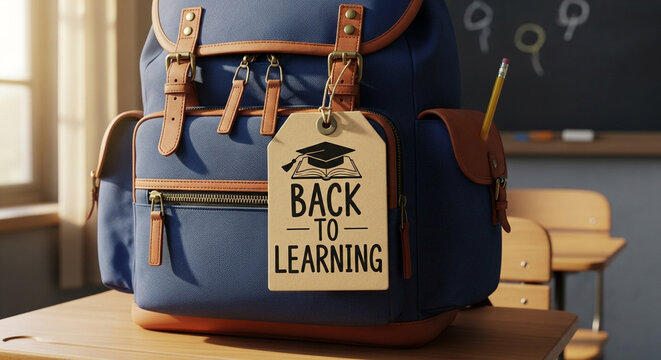 A blue backpack with a back to learning tag sits on a desk in a classroom, ready for the new school year and the start of education