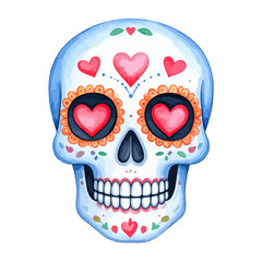 Artistic blue sugar skull with red heart eyes and watercolor texture, decorated for Dia de los Muertos.