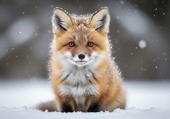 Obraz premium Cute fox sitting in the snow during winter season