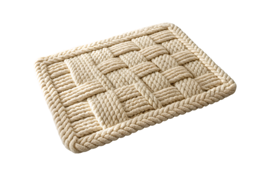 Rectangular rope doormat with intricate woven basket-weave pattern and raised braided border edges, isolated on a transparent background