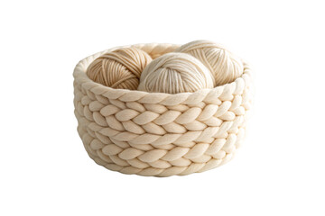 Obraz premium Wide rope basket containing three balls of cream colored yarn inside storage, isolated on a transparent background