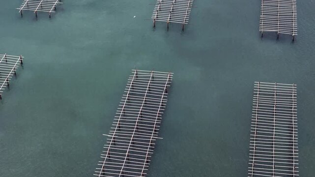 Aerial view of oyster farming facility at sea, showing metal frames and organized rows used for shellfish cultivation.