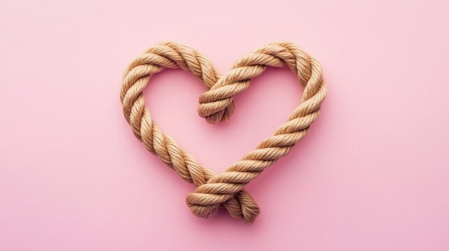 Romantic heart knot crafted from twisted rope, isolated on a pastel pink background, ideal for Valentine's Day themes