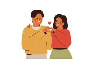 Happy asian couple make heart shape by two palms. Korean woman and man show hands gesture of love and respect, kindness, relationship and friendship symbol. Vector illustration
