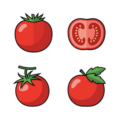 Various views of ripe tomatoes, whole and sliced, with green stems and leaves