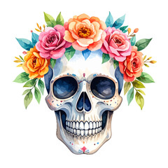 Obraz premium Artistic watercolor sugar skull with a vibrant crown of pink and orange roses.