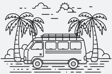 Retro camper van with palm trees and sun on a tropical beach vacation