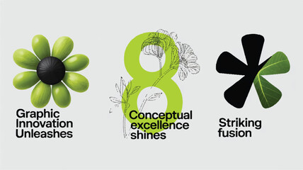 Green flower graphic with black center and text Graphic Innovation Unleashes Conceptual excellence shines Striking fusion