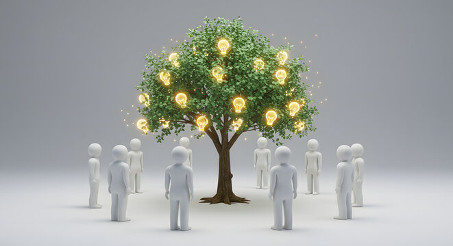 An image symbolizing the concept of a brainstorming session, with figures around a tree filled with lightbulbs