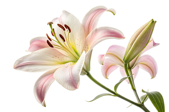 Ai generated image of closeup of a delicate pink and white lily flower in full bloom with a bud, isolated on transparent background - Powered by Adobe