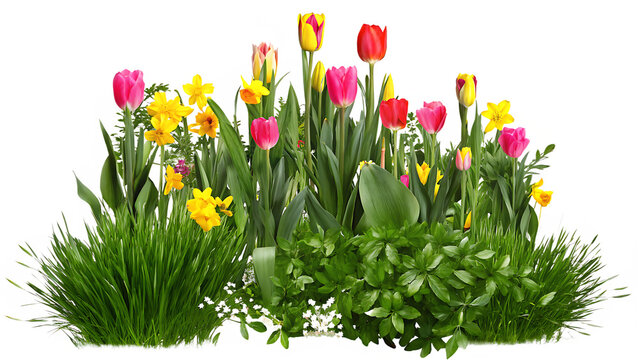 Pink yellow red tulips daffodils green grass isolated on a transparent background