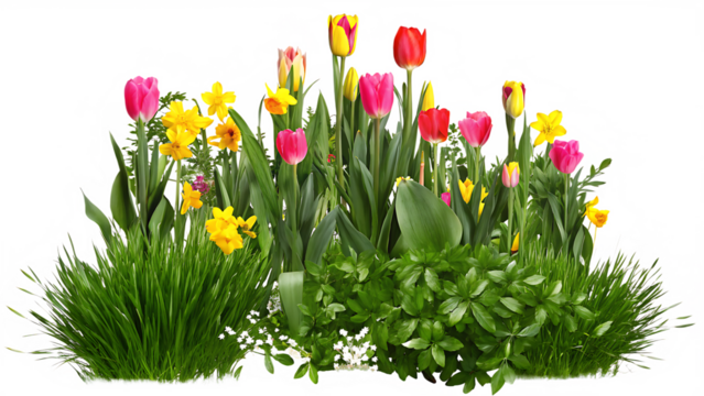 Pink yellow red tulips daffodils green grass isolated on a transparent background - Powered by Adobe
