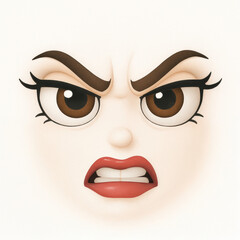 illustration of an angry cartoon woman&rsquo;s face with brown eyes, red lips, raised brows, and clenched teeth. expressive female emotion with stylized features and bold graphic look