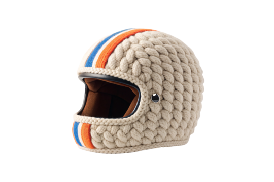 Chunky knit motorcycle helmet with blue and orange stripes in thick textured yarn, isolated on a transparent background