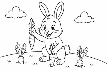 A cheerful bunny picks fresh carrots from the garden. A delightful and educational coloring page about gardening and healthy eating