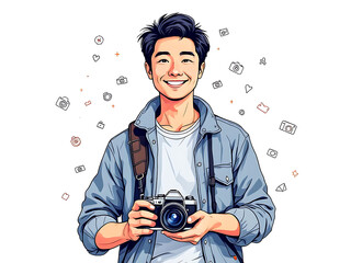 Joyful young photographer holding vintage camera, surrounded by creative icons, capturing moments with passion