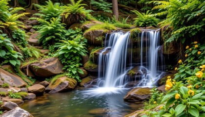 describe the vertical stratification of plant life near waterfalls, from aquatic species in pools to ferns and shrubs on moist rocks and trees above.