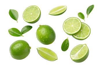 Fresh lime fruit and green leaves on white background for healthy food and drinks ingredients