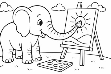 A creative elephant paints a sunny landscape using its trunk like a brush. A fun coloring page that sparks artistic imagination