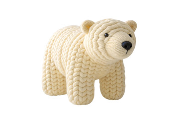 Cream colored knitted polar bear toy standing on four legs, isolated on a transparent background