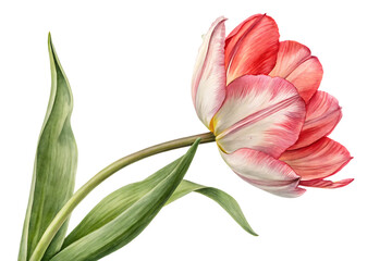 Fototapeta premium Ai generated image of a beautiful pink and white tulip flower in full bloom, with delicate petals and green leaves, captured in a closeup view and isolated on a transparent background, representing sp