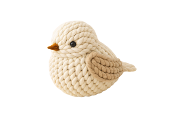 Adorable cream rope bird with black bead eye and orange felt beak, charming handmade decoration, isolated on a transparent background
