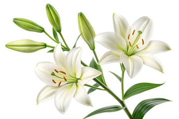 Fototapeta premium Ai generated image of a beautiful white lily flower with multiple blooms and buds on a green stem and leaves, isolated on a transparent background, symbolizing purity and elegance