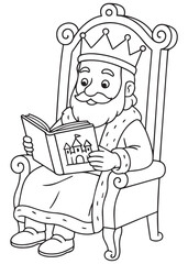 coloring book king reading a book on a throne