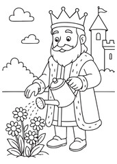 coloring book king watering flowers in the garden