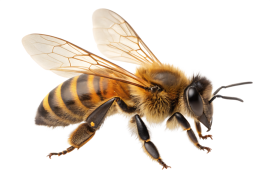Ai generated image of a detailed macro shot of a honeybee with its wings spread, showcasing its fuzzy body and striped abdomen, isolated on a transparent background