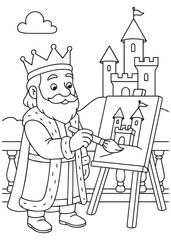 coloring book king painting a castle on an easel