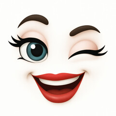 winking cartoon emoji face with teal eye wide smile and red lips looking at camera with raised brow on white background concept of emotional design pop culture digital marketing visuals