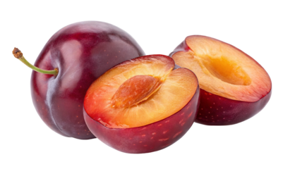 Ripe juicy plums on white background with fresh vibrant colors and deliciously sweet fruit flesh