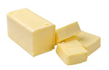 Delicious fresh butter block and slices for cooking and baking recipes in kitchen environment